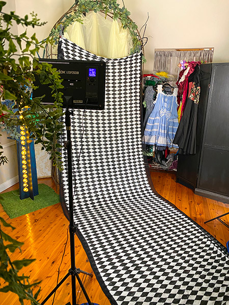 The Lair - Main studio room, checkered sequin fabric backdrop